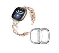 (Style A Fitbit Versa 3, Gold) For Fitbit Versa 3/Sense X-Shape Design Bracelet Wrist Strap+Two Row Rhinestones Silver Watch Case
