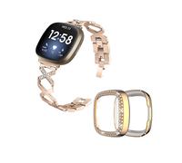 (Style A Fitbit Versa 3, Gold) For Fitbit Versa 3/Sense X-Shape Design Smartwatch Strap+Two Row Rhinestones Rose Protective Case