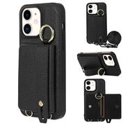 (Style A iPhone 11, Black) Fall-proof Cover for iPhone 11 6.1 inch Card Holder Hand Strap Phone Case with Shoulder Strap-Aprico