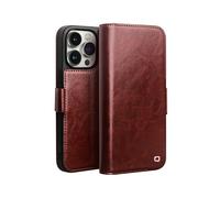 (Style A iPhone 14 Pro, Dark brown) QIALINO For iPhone 14 Pro Genuine Cow Leather Phone Case Stand Folio Wallet Cover-Light Brown