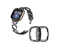 (Style B Fitbit Versa 3, Black) For Fitbit Versa 3/Sense Design Smartwatch Wrist Strap+Two Row Rhinestones Black Protective Case