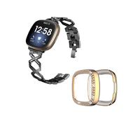 (Style B Fitbit Versa 3, Black) For Fitbit Versa 3/Sense X-Shape Design Smartwatch Strap+Two Row Rhinestones Rose Protective Case
