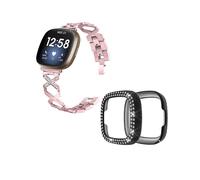(Style C Fitbit Versa 3, Multicolor) For Fitbit Versa 3/Sense Design Smartwatch Wrist Strap+Two Row Rhinestones Black Protective Case