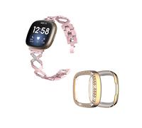 (Style C Fitbit Versa 3, Multicolor) For Fitbit Versa 3/Sense X-Shape Design Smartwatch Strap+Two Row Rhinestones Rose Protective Case