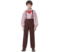 Style Cosplay para niños, atuendo de rendimiento académico británico, con tirantes y camisa a rayas (marrón, 6-7 años)