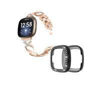 (Style D Fitbit Versa 3, Pink gold) For Fitbit Versa 3/Sense Design Smartwatch Wrist Strap+Two Row Rhinestones Black Protective Case