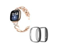 (Style D Fitbit Versa 3, Pink gold) For Fitbit Versa 3/Sense Watch Band X-shaped Hollow Bracelet Strap with Full Cover Watch Case