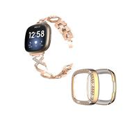 (Style D Fitbit Versa 3, Pink gold) For Fitbit Versa 3/Sense X-Shape Design Smartwatch Strap+Two Row Rhinestones Rose Protective Case
