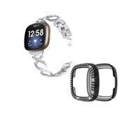 (Style E Fitbit Versa 3, Silver) For Fitbit Versa 3/Sense Design Smartwatch Wrist Strap+Two Row Rhinestones Black Protective Case