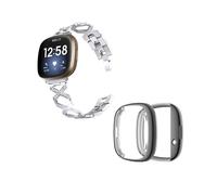 (Style E Fitbit Versa 3, Silver) For Fitbit Versa 3/Sense Watch Band X-shaped Hollow Bracelet Strap with Full Cover Watch Case