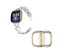 (Style E Fitbit Versa 3, Silver) For Fitbit Versa 3/Sense X-Shape Design Smartwatch Strap+Two Row Rhinestones Rose Protective Case