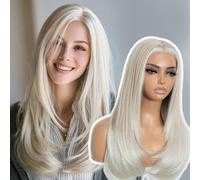 Style Icon 61 cm Multicapa Long White Blonde Straight Hair Wig 6x4 Pre-Cut Lace Long Layered Hair Synthetic Free Part Wig (TAHL14F/56E/56E)