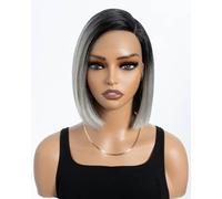 Style Icon Peluca de encaje frontal estilo Bob gris degradado con encaje frontal atado a mano, línea capilar natural corta de raíz negra a gris, peluca sintética para mujer, peluca de corte romo negro