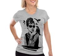 style3 Audrey Tatuaje Camiseta para Mujer T-Shirt Hollywood Hepburn Estrella de Cine, Color:Gris Brezo, Talla:
