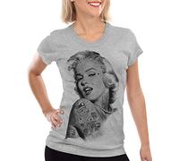 style3 Marilyn Tatuaje Camiseta para Mujer T-Shirt Hollywood Star, Color:Gris Brezo, Talla: