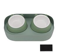 Stylebest Cuencos de Cerámica de para Mascotas, Elegante Juego Antisalpicaduras para Perros Pequeños y Gatos, Paquete de 2 (Verde [Miau Cheongsam] Fondo Verde)