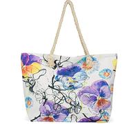 styleBREAKER Bolsa de playa XXL para damas con estampado de flores de color violeta, cremallera, bolso de hombro, comprador 02012346, color:Blanco-Violeta-Azul