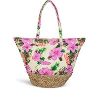 styleBREAKER Bolso para la Playa con un Colorido Estampado de hibiscos, Rafia en la Base y Cremallera, Bolso de Hombro, Bolso de Tipo «Shopper», señora 02012233, Color:Amarillo