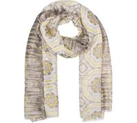 styleBREAKER Bufanda de mujer con estampado batik y rayas metálicas, pañuelo estilo boho ligero con flecos cortos 01016230, color:Gris-amarillo