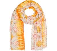 styleBREAKER Bufanda de mujer con estampado batik y rayas metálicas, pañuelo estilo boho ligero con flecos cortos 01016230, color:Amarillo-naranja