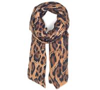 styleBREAKER bufanda de mujer con estampado de leopardo y detalles metálicos dorados | pañuelo largo suave con flecos cortos 180 x 88 cm, Marrón-Negro