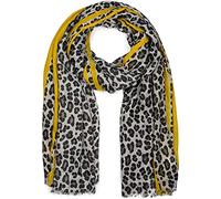 styleBREAKER Bufanda de mujer con estampado de leopardo y rayas de color | Material suave con flecos | Pañuelo con estampado animal en talla única, Gris-amarillo
