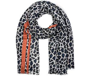 styleBREAKER Bufanda de mujer con estampado de leopardo y rayas de color | Material suave con flecos | Pañuelo con estampado animal en talla única, Azul-anaranjado