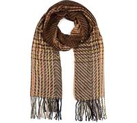 styleBREAKER Bufanda de punto fino para señoras con patrón de rayas coloridas en zig-zag y flecos, cálida estola de invierno multicolor 01017149, color:Marrón-Beige