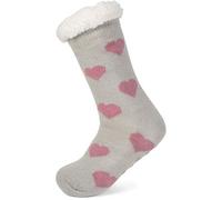 styleBREAKER calcetines antideslizantes de mujer con forro de pelo de peluche y motivo de corazones, talla 35-42 EU / 5-10 US / 4-8 UK 08030007, color:gris claro-rosa oscuro