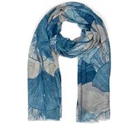 styleBREAKER Chal para mujer con estampado de hojas de ginkgo de colores y flecos cortos, bufanda ligera, estola 01016208, color:Azul-Blanco