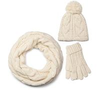 styleBREAKER conjunto de chal, gorro y guantes, chal de punto con motivo trenzado con gorro con pompón y guantes, señora 01018208, color:Crema Beige/Brazalete