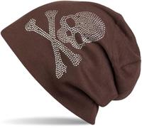 styleBREAKER Gorro Beanie clásico con Calavera con Aplicaciones de estrás, Unisex 04024034, Color:Marrón Oscuro, Material:cálido