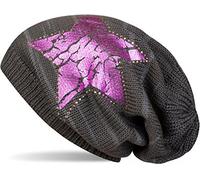 styleBREAKER Gorro Beanie de Punto con Estampado de Estrella Vintage y Borde de Strass, Gorro de Punto con Motivo de Rayas, Unisex 04024083, Color:Gris Oscuro/Rosa