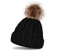 styleBREAKER Gorro con pompón con Motivo Trenzado, Gorro de Punto con pompón de Piel, Gorro Beanie de Invierno, Unisex 04024064, Color:Negro