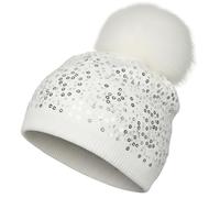 styleBREAKER Gorro con pompón de Punto Fino con Lentejuelas y pompón Amovible de Piel Artificial, Gorro con pompón de Piel, señora 04024134, Color:Blanco