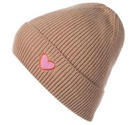 styleBREAKER Gorro de Punto de Invierno para Mujer con Bordado de corazón y Forro Polar | Gorro de Invierno cálido Talla única 56-59 cm | Gorro de Punto Suave Forrado, Camel