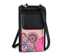 styleBREAKER Mini bolso de hombro para señoras con estampado floral étnico, compartimento para el teléfono móvil, protección RFID, bolso cruzado 02012378, color:Beige-marrón-marrón oscuro-fucsia