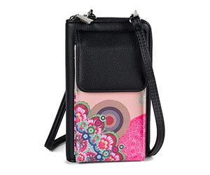 styleBREAKER Mini bolso de hombro para señoras con estampado floral étnico, compartimento para el teléfono móvil, protección RFID, bolso cruzado 02012378, color:Beige-marrón-marrón oscuro-fucsia