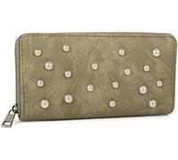 styleBREAKER Monedero de Mujer con Perlas y Cremallera,Verde Oliva | 19x10x2,5 cm, 8 ranuras para tarjetas, 3 compartimentos para billetes, monedero, 2 bolsillos grandes.