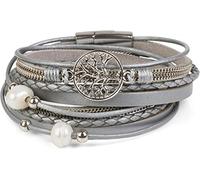 styleBREAKER Pulsera de Bobina con Perlas, Cadenas, Elemento Trenzado y Colgante del árbol de la Vida, Cierre magnético, Brazalete, señora 05040070, Color:Gris Claro-Plata