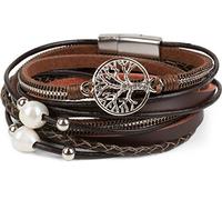 styleBREAKER Pulsera de Bobina con Perlas, Cadenas, Elemento Trenzado y Colgante del árbol de la Vida, Cierre magnético, Brazalete, señora 05040070, Color:Marrón Oscuro