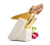 STYLED SETTINGS Juego de cuchillos blancos y dorados con bloque, 14 piezas, cuchillos dorados de acero inoxidable con revestimiento de titanio y bloque de cuchillos blanco con afilador integrado