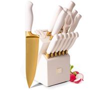 STYLED SETTINGS Juego de cuchillos dorados con bloque autoafilable, juego de 14 cuchillos de cocina dorados y blancos con afilador integrado, acero inoxidable de alto carbono, cuchillas con