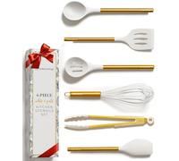 Styled Settings White and Gold - Juego de utensilios de cocina de silicona de 6 piezas con espátula, batidor, pinzas, cuchara y volteador, antiadherentes, sin BPA, accesorios de cocina dorados