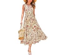 STYLEWORD 2025 Vestido de Verano de Las señoras sin Mangas Floral Midi Vestidos A Line Swing Casuales con Bolsillos
