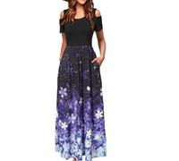 STYLEWORD Maxi Vestido de Verano con Hombros Descubiertos para Mujer Manga Corta Estampado Floral Elegante Vestido Maxi con Bolsillos(Flor Rosa Morada,L)