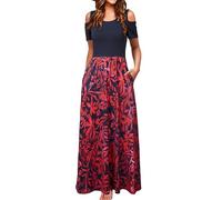 STYLEWORD Maxi Vestido de Verano con Hombros Descubiertos para Mujer Manga Corta Estampado Floral Elegante Vestido Maxi con Bolsillos(Flor de Hoja roja Azul Oscura,L)