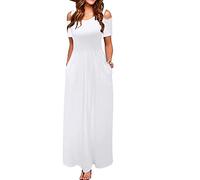 STYLEWORD Maxi Vestido de Verano con Hombros Descubiertos para Mujer Manga Corta Estampado Floral Elegante Vestido Maxi con Bolsillos(Blanco-456,S)