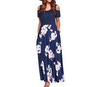 STYLEWORD Maxi Vestido de Verano con Hombros Descubiertos para Mujer Manga Corta Estampado Floral Elegante Vestido Maxi con Bolsillos (Floral07, XL)