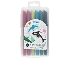 Stylex 64016 - Rotuladores con purpurina, para niños, 6 colores, en caja resellable, para pintar, manualidades y dibujar.